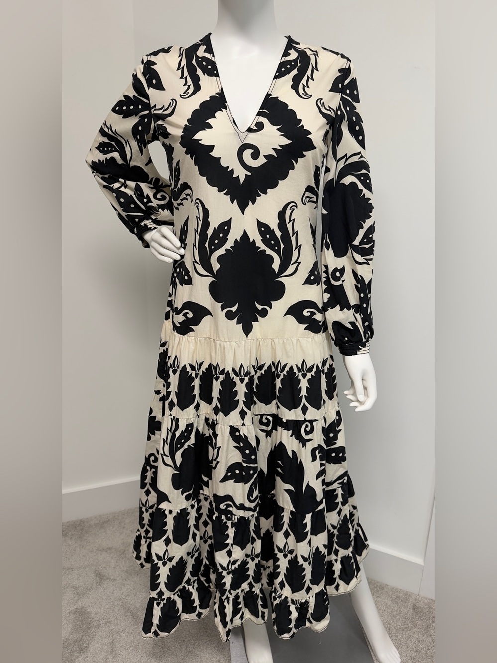 Zara Black & White Printed Cotton Midi Dress XS Belted Boho Chic